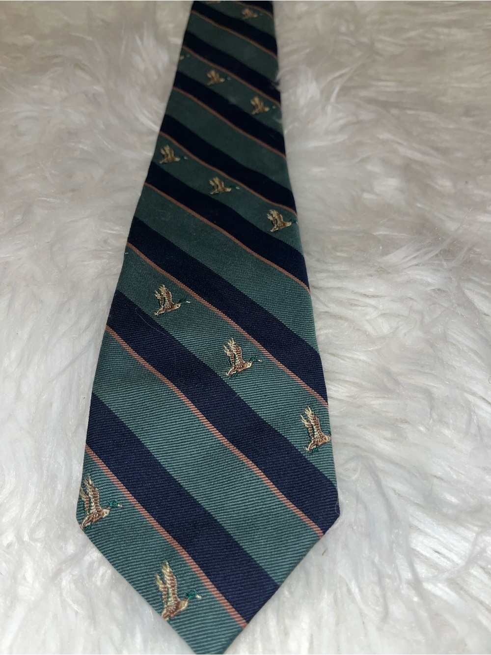 Striped Green and Navy Duck Motif Men’s Tie